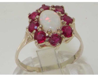 925 English Sterling Silver Natural Colorful Opal & Ruby Cluster Flower Anniversary Ring -Made in England-Customizable