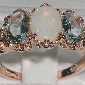 9K Rose Gold Natural Colorful Opal & Aquamarine 3 Stone Trilogy Ring, Victorian Style Carved Ring - Made in England - Customizable