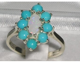 925 English Sterling Silver Natural Marquise Cut Opal & Blue Turquoise Cluster Flower Ring -Made in England-Customize:9K,14K,18K Gold