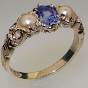 925 Sterling Silver Natural Tanzanite & Pearl womens Trilogy Ring - Customizable 9K,10K,14K,18K Yellow, Rose or White Gold or Platinum