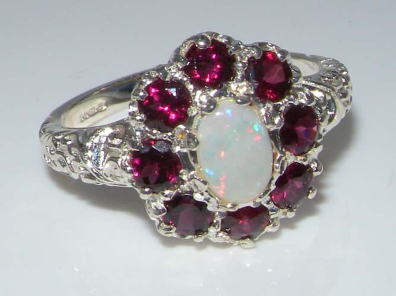 English Vintage Design Ring Customizable Solid 925 Sterling Silver Natural Garnet /& Colorful Opal Large 3 Tier Cluster Flower Ring