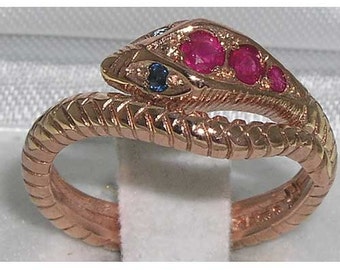 14K Solid Rose/White/Yellow Gold Natural Ruby & Sapphire Snake Ring - Made in England - Choose from Rose or White Gold
