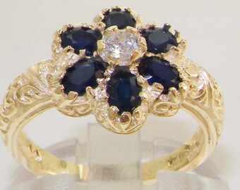 18K Yellow Gold Natural Sapphire & Diamond Womens Art Nouveau Style Ring- Customizable Platinum,9K,10K,14K,18K Yellow, Rose or White Gold