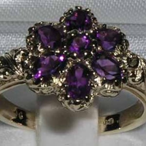 9K Yellow Gold Natural Amethyst Engagement Ring, English Vintage Style Carved Ring, Art Nouveau Cluster Flower Ring - Customizable