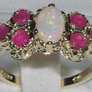 Natural Opal & Ruby Solid 9K Yellow Gold Victorian Style Unique Engagement Ring -Made in England- Customize:14K,18K,Yellow,Rose,White