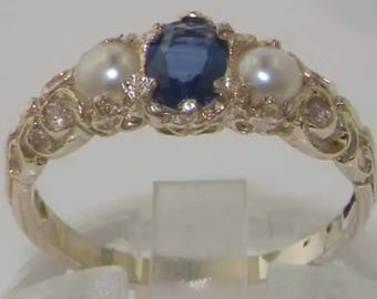 English 9K White Gold Natural Blue Sapphire & Pearl Victorian 3 Stone Trilogy Band Ring - Made in England - Customize:9K,14K,18K Gold