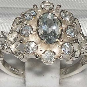 Angielski 925 Srebro Sterling Naturalny Akwamaryn Unikalny Rozeta Kwiatowy Klaster Pierścień Pave - Styl Antyczny - Dostosuj: 9K, 14K, 18K Złoto