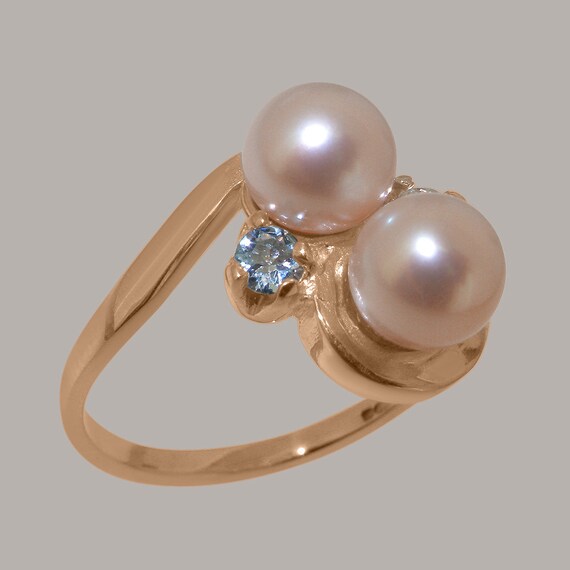 10k Rose Gold Pearl & Aquamarine Womens Dress Ring - Customizable 9K,10K,14K,18K Yellow, Rose or White Gold or Platinum