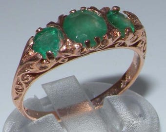 Massief 9 kt roségoud natuurlijke smaragd art nouveau gesneden jubileumring, Engelse antieke stijl trilogiering met 3 stenen - aanpassen: 14, 18 kt