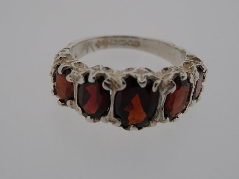 Natural Garnet 925 Sterling Silver Classic 5 Stone Half Eternity Ring Victorian Inspired Design Sample SALE Size 7 UK AU size O