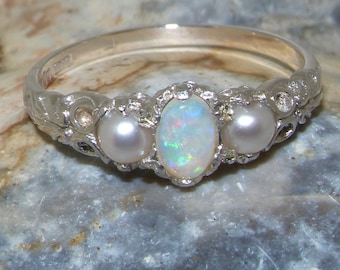 Sterling Silver Opal Vintage Style Ring, Silver Opal Ring, Silver Opal & Pearl Ring | One available Finger Size US 6 3/4