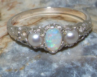 Sterling Silver Opal Vintage Style Ring, Silver Opal Ring, Silver Opal & Pearl Ring, silver opal ring, silver pearl ring