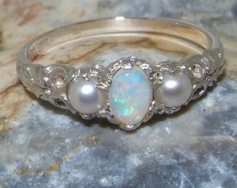 Sterling Silver Opal Vintage Style Ring, Silver Opal Ring, Silver Opal & Pearl Ring | One available Finger Size US 6 3/4