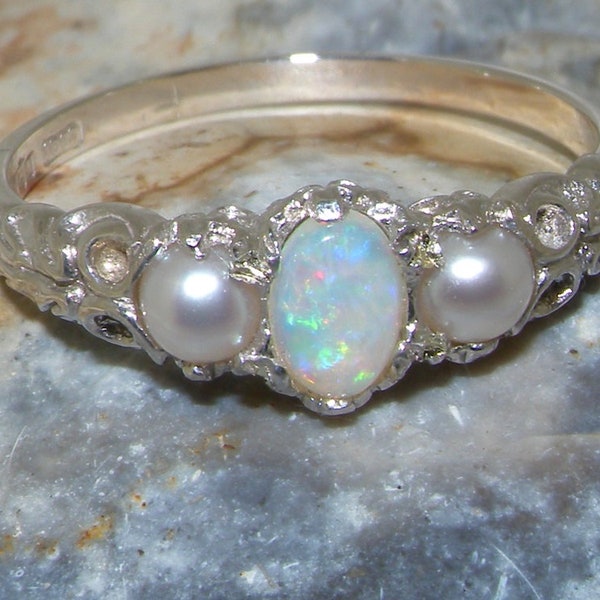 Bague style vintage opale en argent sterling, bague opale argentée, bague opale argentée et perle, bague opale argentée, bague perle argentée