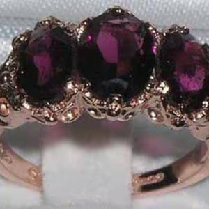 9K Rose Gold Natural Rhodolite Garnet Engagement Ring, Romantic Victorian Style Carved Ring, 3 Stone Trilogy Ring - Customizable