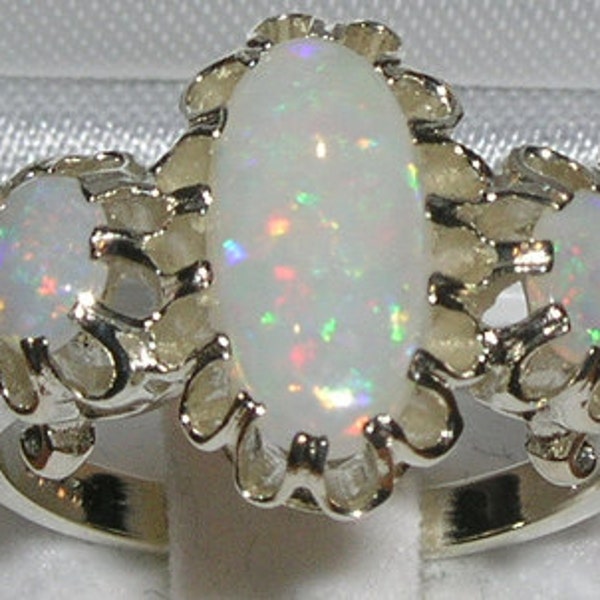 English 9K 9ct White Gold Large Elongated Colorful Opal Trilogy Ring, Unique 3 Oval Opal Ring - Made in England -Customize: 14K, 18K