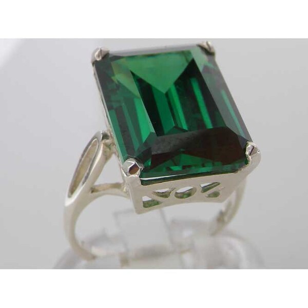 Large 16x12mm Octagon Lab Created Emerald Green Cubic Zirconia 925 Sterling Silver Solitaire Cocktail Ring, Basket Ring - Customizable