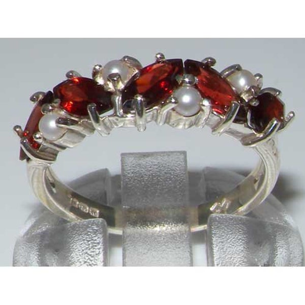 Marquise Natural Garnet & Freshwater Pearl Ring, 925 Sterling Silver English Half Eternity Promise Ring - Personalizar: Platino, 9K, 10K, 14K, 18K