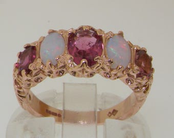 Stunning 14K or 18K Rose Gold Pink Tourmaline and Opal Ornate Five Stone Anniversary Ring  - Made in England - Customisable