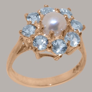 14ct Rose Gold Pearl & Aquamarine Womens Cluster Ring - Customizable 9K,10K,14K,18K Yellow, Rose or White Gold or Platinum