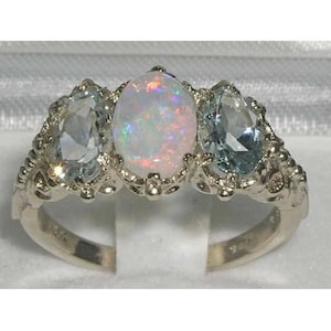 English 925 Sterling Silver Natural Australian Opal & Aquamarine Victorian Inspired Trilogy Ring
