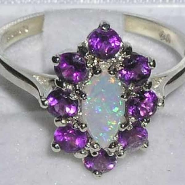 English 9K White Gold Natural Marquise Colourful Opal & Amethyst Cluster Flower Ring- Made in England-Customize:9K,14K,18K,Yellow,Rose,White