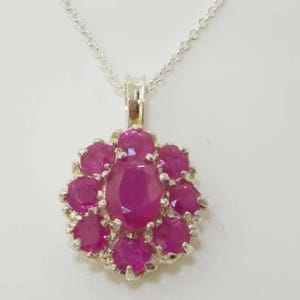 Luxury Ladies Solid 925 Sterling Silver Natural Ruby Large Cluster Flower Pendant Necklace - Made in England