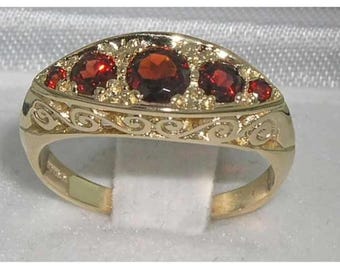 English 9K Yellow Gold Five Natural Vibrant Garnet Victorian Style Scroll Deco ring, Eternity Ring, Anniversary Band - Customizable