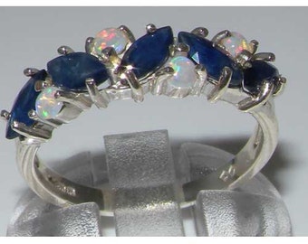 Marquise Natural Blue Sapphire & Colorful Opal 925 English Sterling Silver Half Eternity Promise Ring -Made in England- Customize:9K,14K,18K