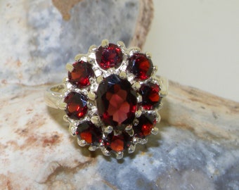 925 Sterling Silver Natural Garnet Cluster Ring | Silver Garnet Ring | Flower Garnet Ring | Garnet Cluster