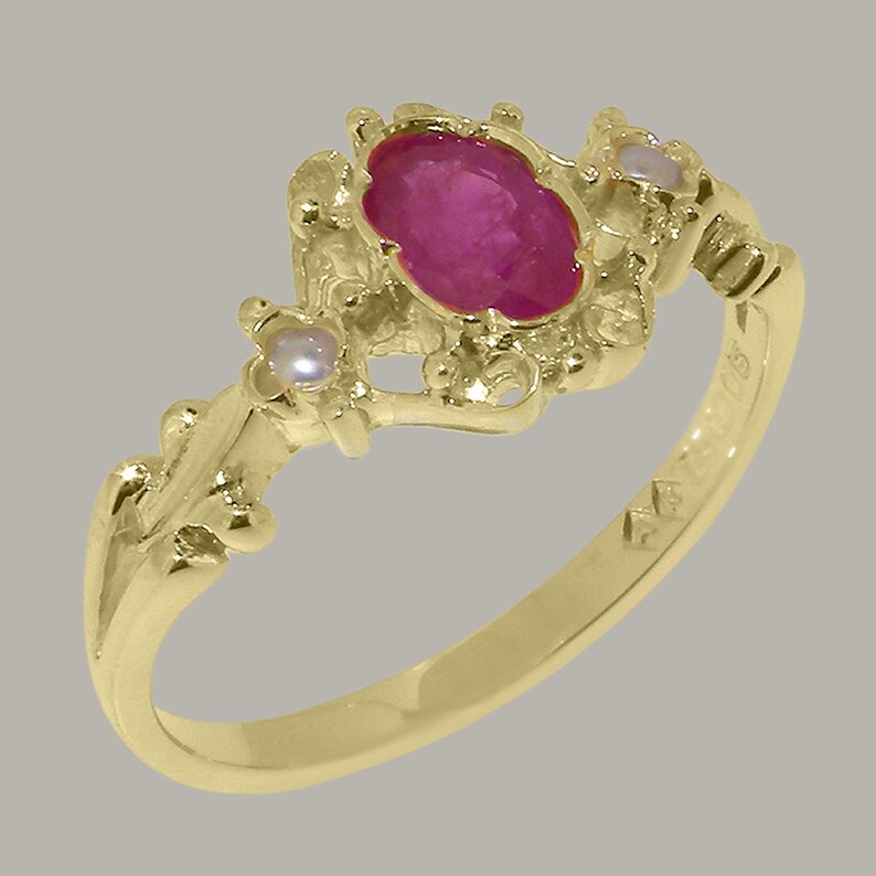 14k Yellow Gold Natural Ruby  Pearl Womens Trilogy Ring - Custo