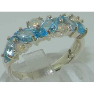 Sample Sale! Solid Sterling Silver Marquise Cut Natural Blue Topaz & Colorful Opal Accent Eternity Ring - Different sizes available!