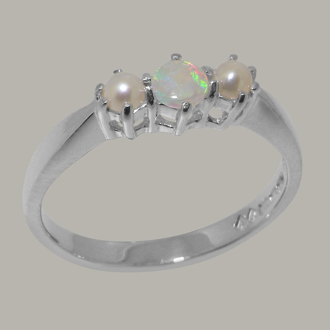 Solid 925 Sterling Silver Natural Opal & Pearl Womens Trilogy Ring ...