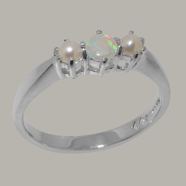 Solid 925 Sterling Silver Natural Opal & Pearl womens Trilogy Ring - Customizable 9K,10K,14K,18K Yellow, Rose or White Gold or Platinum