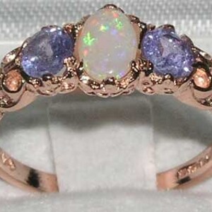 14K Rose Gold Natural Opal & Tanzanite Engagement Ring, English Victorian Style 3 Stone Trilogy Ring, Ring Customizable image 1