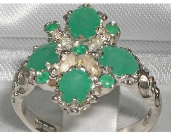 Large Solid 925 Sterling Silver Natural Emerald Ring, English Unique Vintage Victorian Design Ring - Customizable