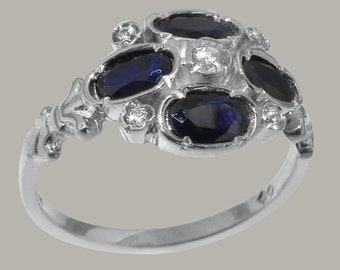 925 Sterling Silver Natural Diamond & Sapphire womens Cluster Ring - Customizable 9K,10K,14K,18K Yellow, Rose or White Gold or Platinum