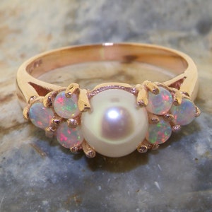 14k Rose Gold Pearl & Opal Cluster Ring | Classic Design Made in England | Natural Australian Opals |