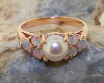 14k Rose Gold Pearl & Opal Cluster Ring | Classic Design Made in England | Natural Australian Opals |