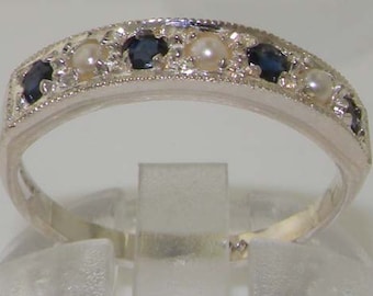 English Solid 14K White Gold Natural Natural Blue Sapphire & Pearl Eternity Band Anniversary Ring - Made in England- Customizable