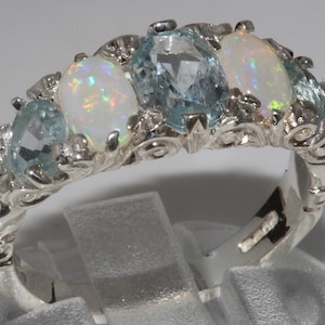 925 Sterling Silver Natural Aquamarine & Opal Womens  Band Ring - Customizable Platinum,9K,10K,14K,18K Yellow, Rose or White Gold