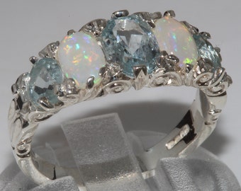 925 Sterling Silver Natural Aquamarine & Opal Womens  Band Ring - Customizable Platinum,9K,10K,14K,18K Yellow, Rose or White Gold