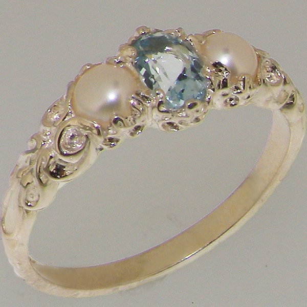 Solid 925 Sterling Silver Natural Aquamarine & Pearl womens Trilogy Ring - Customizable Platinum,9K,10K,14K,18K Yellow, Rose or White Gold