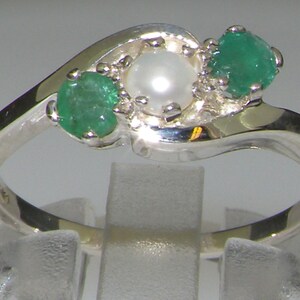 925 Sterling Silver  Pearl & Emerald Womens  Trilogy Ring - Customizable Platinum,9K,10K,14K,18K Yellow, Rose or White Gold