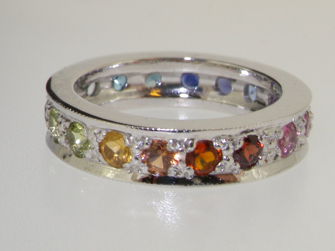 14K White Gold Natural Multi Gemstone, Rainbow Full Eternity | Multi ...