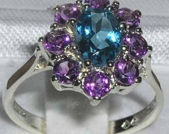 Anello da donna in oro bianco 10k con topazio blu naturale e ametista - Platino personalizzabile, oro giallo, rosa o bianco 9K, 10K, 14K, 18K