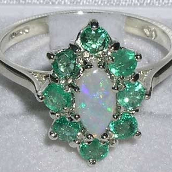 925 English Sterling Silver Natural Marquise Opal & Green Emerald Cluster Flower Ring-Made in England-Customize:9K,14K,18K,Yellow,Rose,White