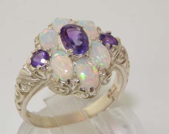 925 Sterling Silver Natural Amethyst & Colorful Opal Victorian Style Cluster Floral Ring, Unique Antique Stlye Ring - Customizable
