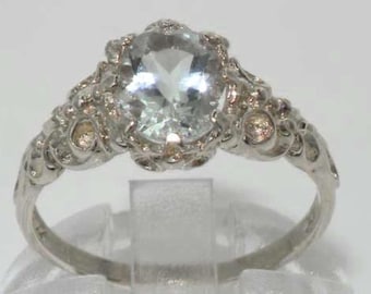 Englisch Natürlicher 1 Karat Aquamarin Verlobungsring, 10K Weißgold Solitär Ring im viktorianischen Stil, März Geburtsstein - Anpassen: 9K, 14K, 18K Gold