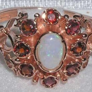 9K Rose Gold Natural Colorful Opal & Garnet Unique Rosette Flower Cluster Pave Ring, English Antique Stlye Ring - Customizable